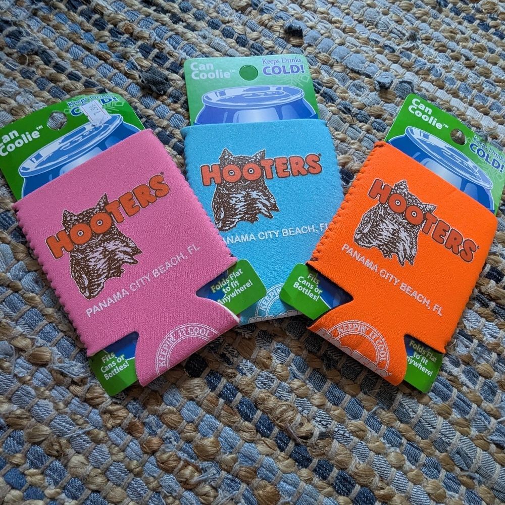 NWT Hooters Panama City Beach FL Neon Can Coolie Set Pink Blue Orange One Size N